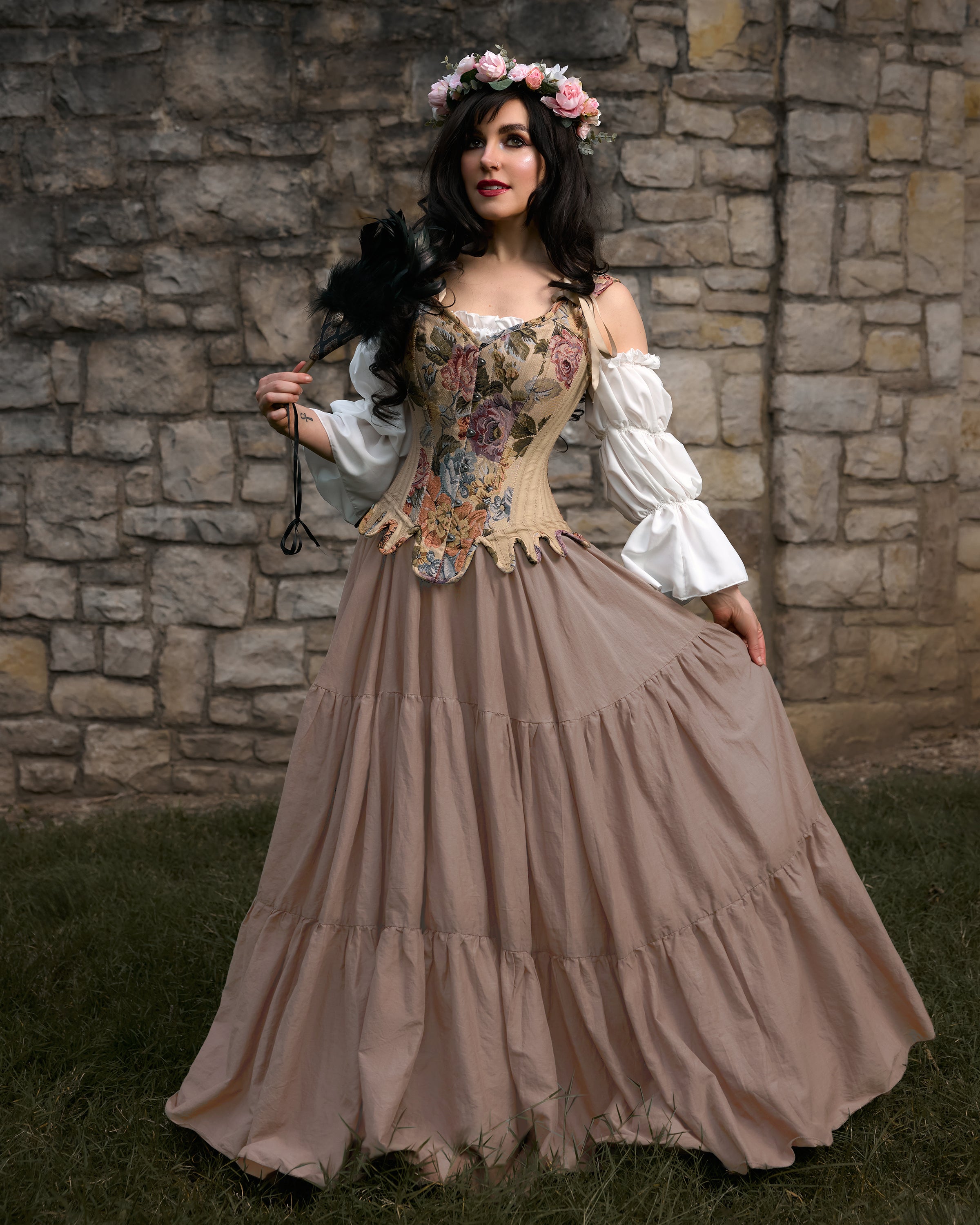 Women Renaissance Cottage Core Corset Stays & Cotton Dress - Ren Faire Costume - The Josephine - Medieval Fantasy Cosplay