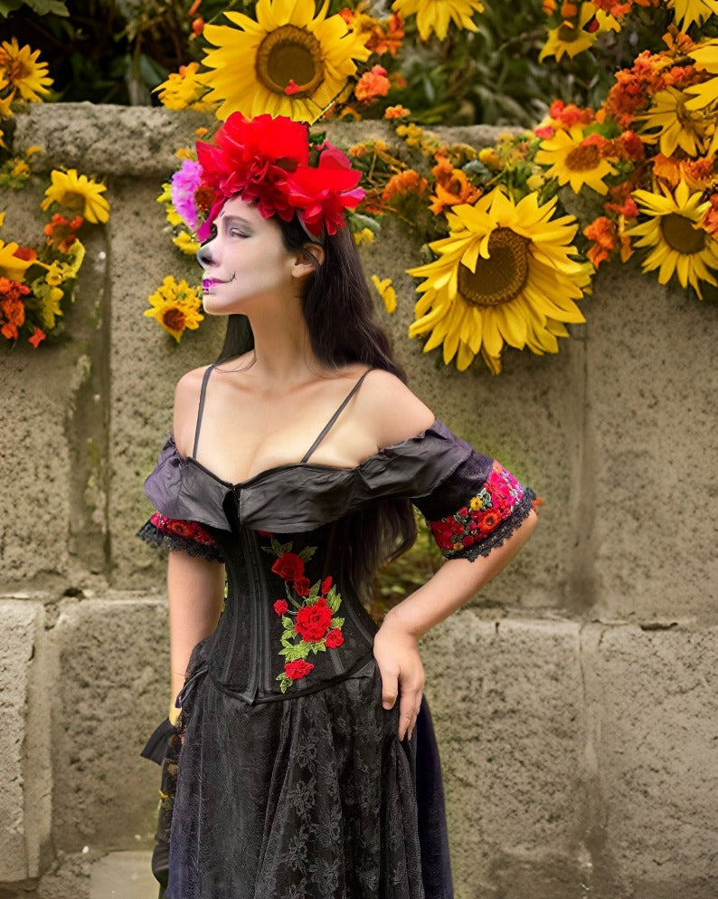 La Catrina - Embroidered Roses Stays Corset & Lace Skirt Cosplay Costume Dress. ~ Dia De Los Muertos ~ Day Of The Dead - Reminisce Brand