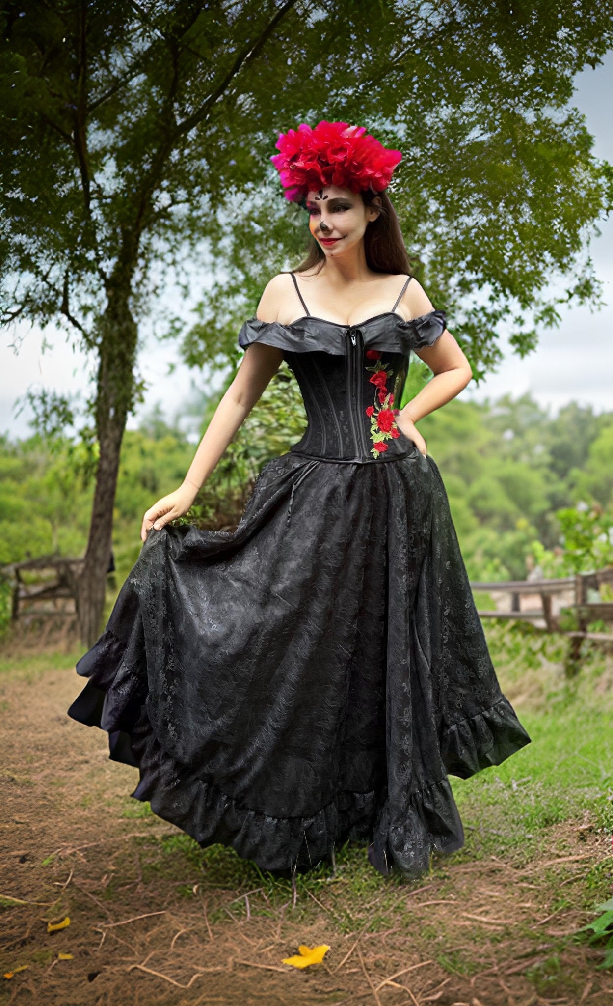 La Catrina - Embroidered Roses Stays Corset & Lace Skirt Cosplay Costume Dress. ~ Dia De Los Muertos ~ Day Of The Dead - Reminisce Brand