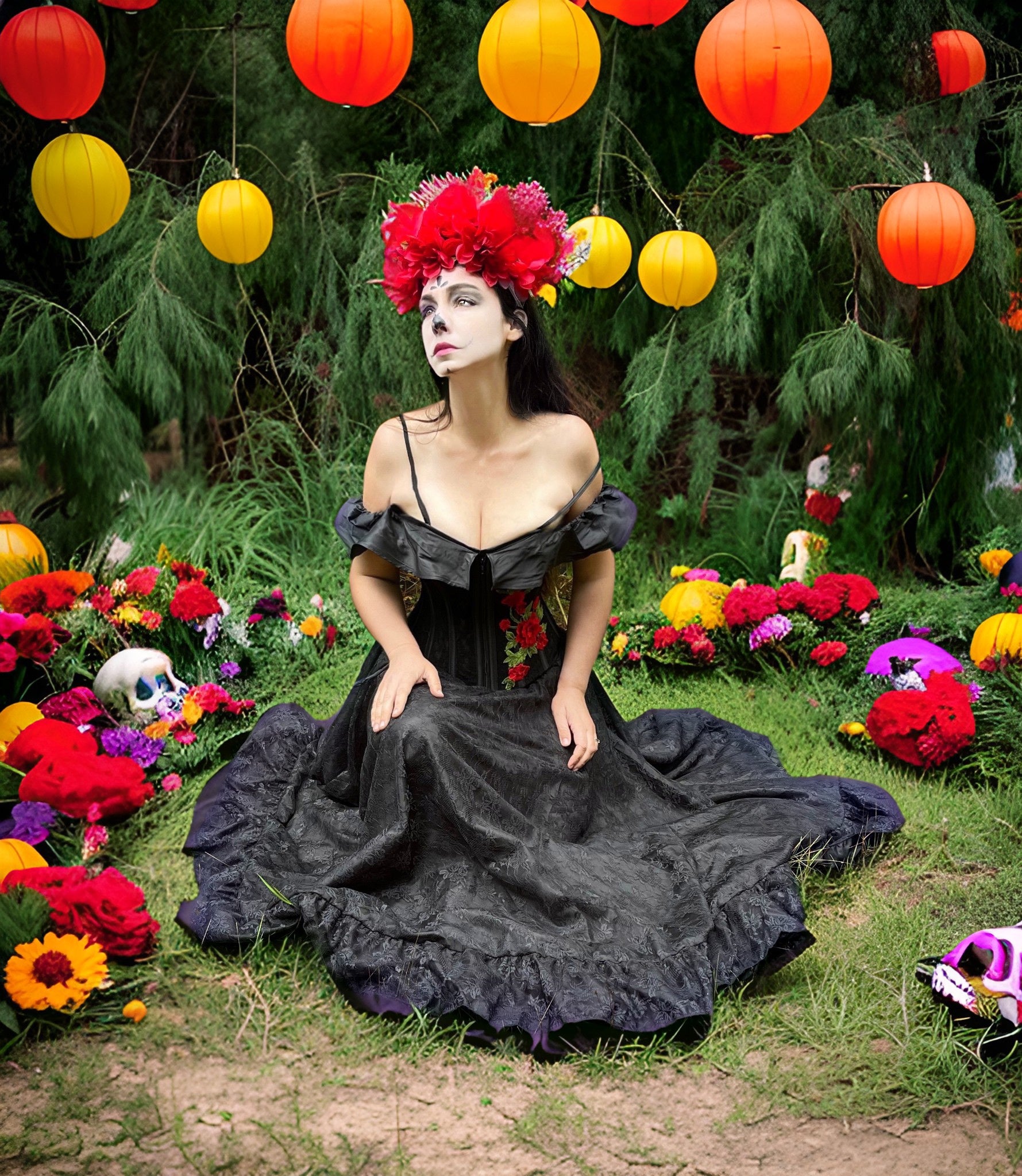 La Catrina - Embroidered Roses Stays Corset & Lace Skirt Cosplay Costume Dress. ~ Dia De Los Muertos ~ Day Of The Dead - Reminisce Brand