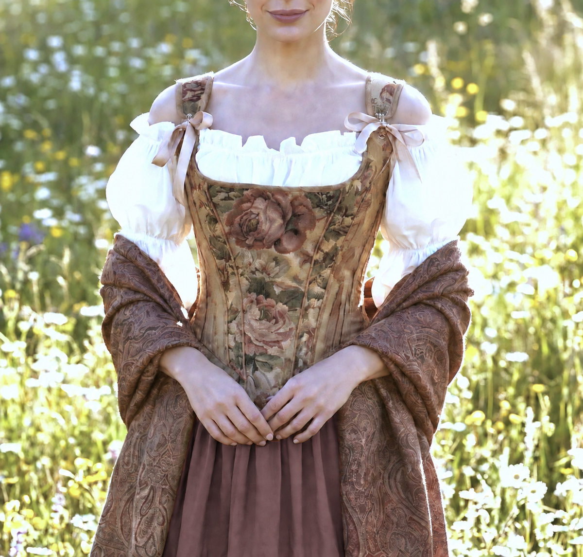 18th Century Tapestry Stays Corset - Renaissance Fair Cotton Dress - Rose Truffle Tiered Skirt
