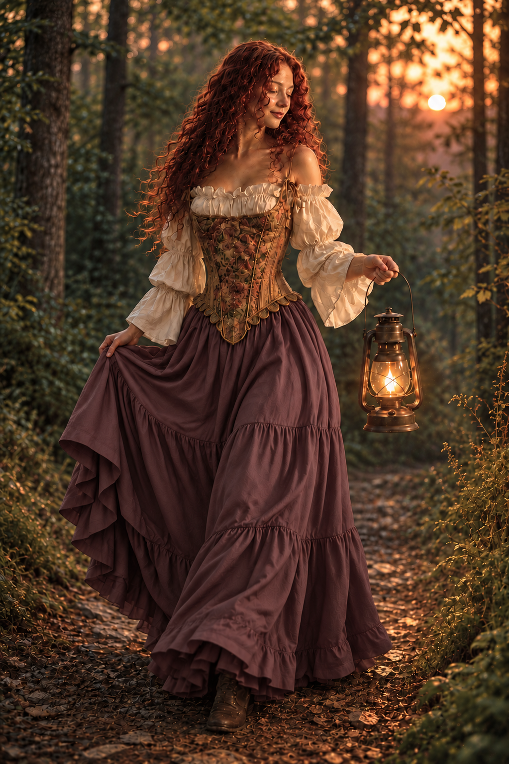 18th Century Tapestry Stays Corset - Renaissance Fair Cotton Dress - Rose Truffle Tiered Skirt