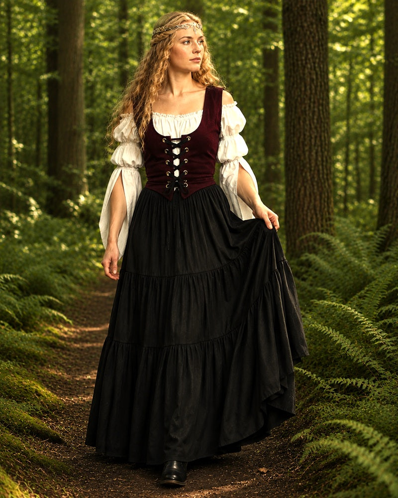 Renaissance Peasant Costume - Tiered Skirt - off-shoulder flowing sleeves Blouse - Lace Up Bodice