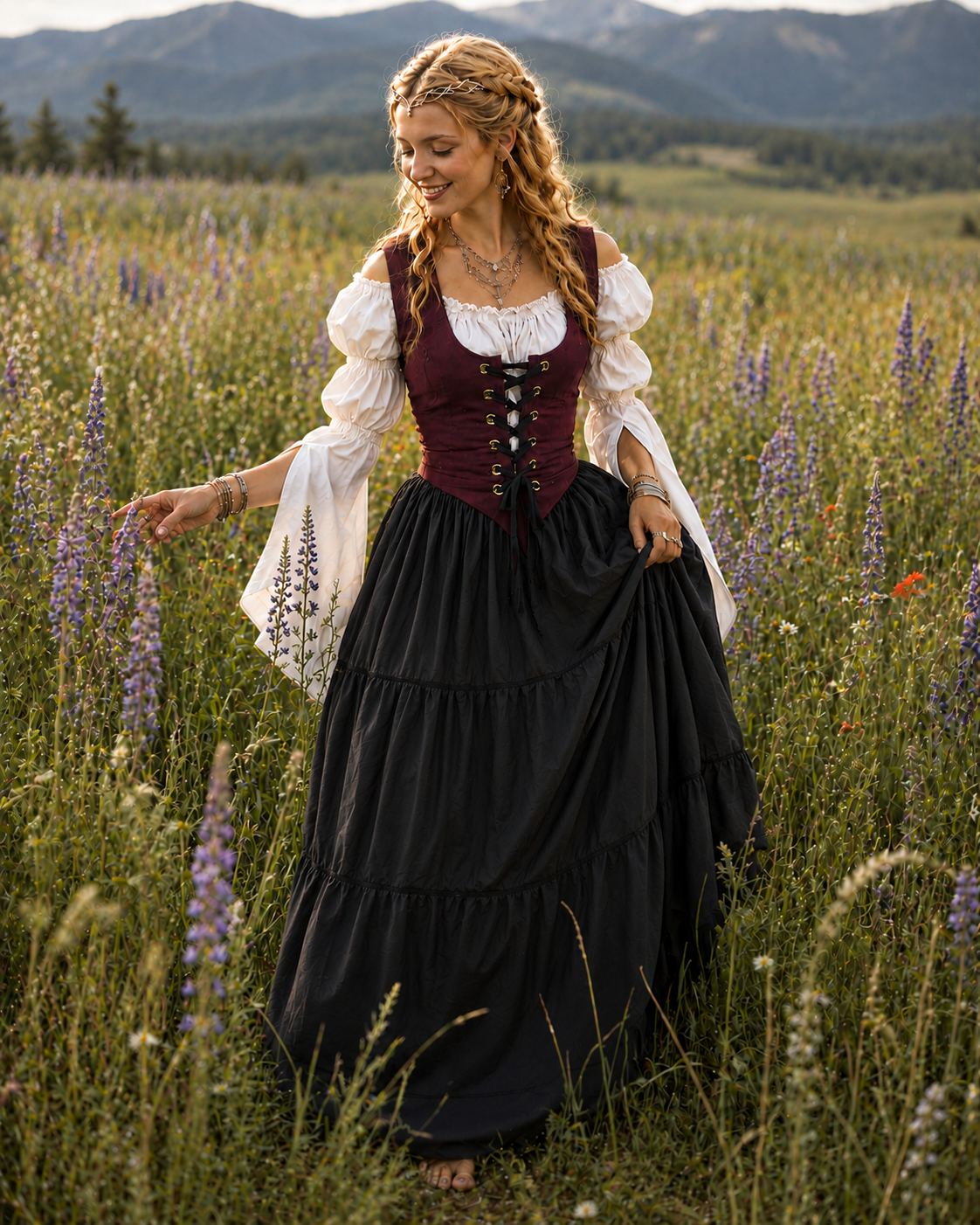 Renaissance Peasant Costume - Tiered Skirt - off-shoulder flowing sleeves Blouse