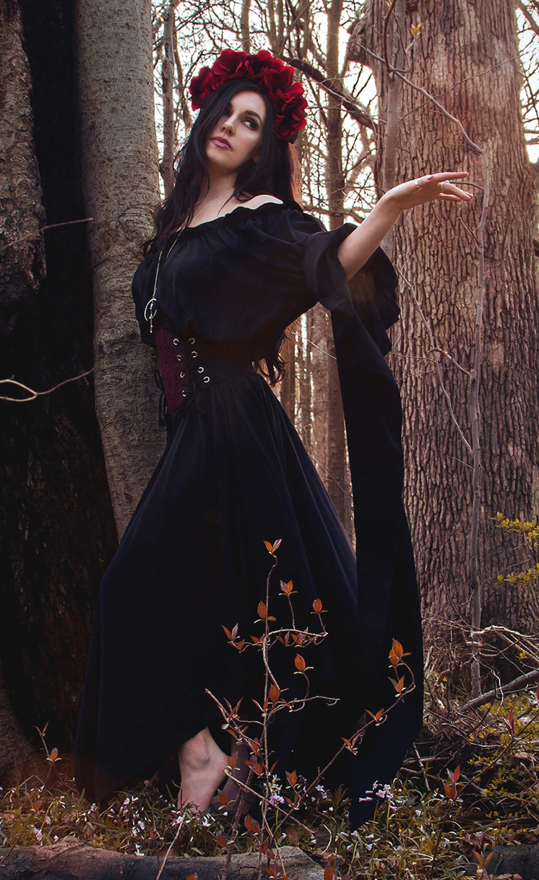 Sorceress Witch Women Renaissance Smocked Chemise Dress And Cincher Top Costume - Wicka Fantasy Cosplay Reminisce Brand