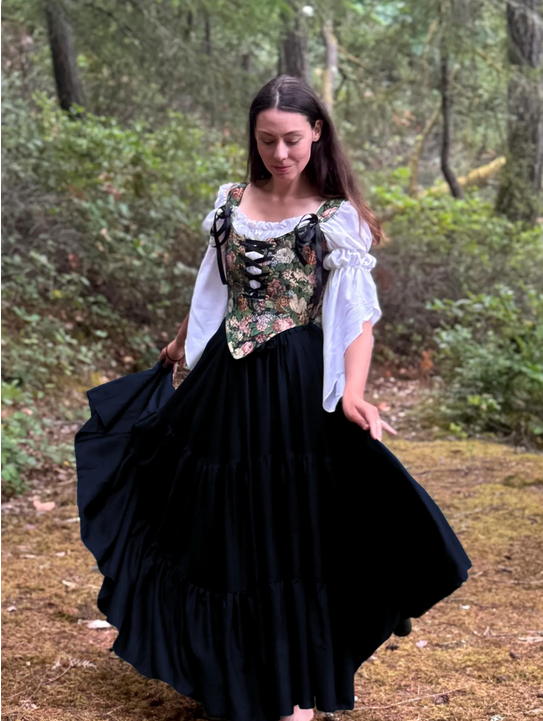 The SARAH- Renaissance Fair 3 Pc Dress Women Fantasy Medieval Cosplay BLACK Skirt- Costume - Floral Tapestry Corset Bodice