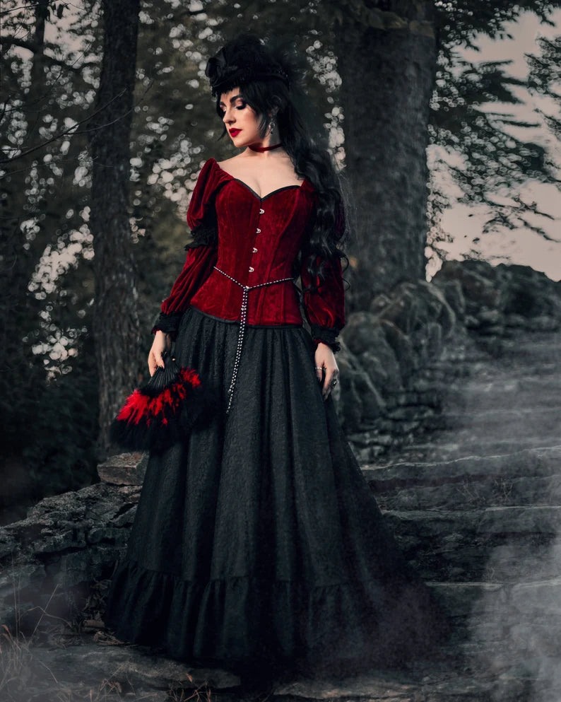 Gothic Victorian Velvet and Lace Vampire Gown Dress Corset Women's Cos