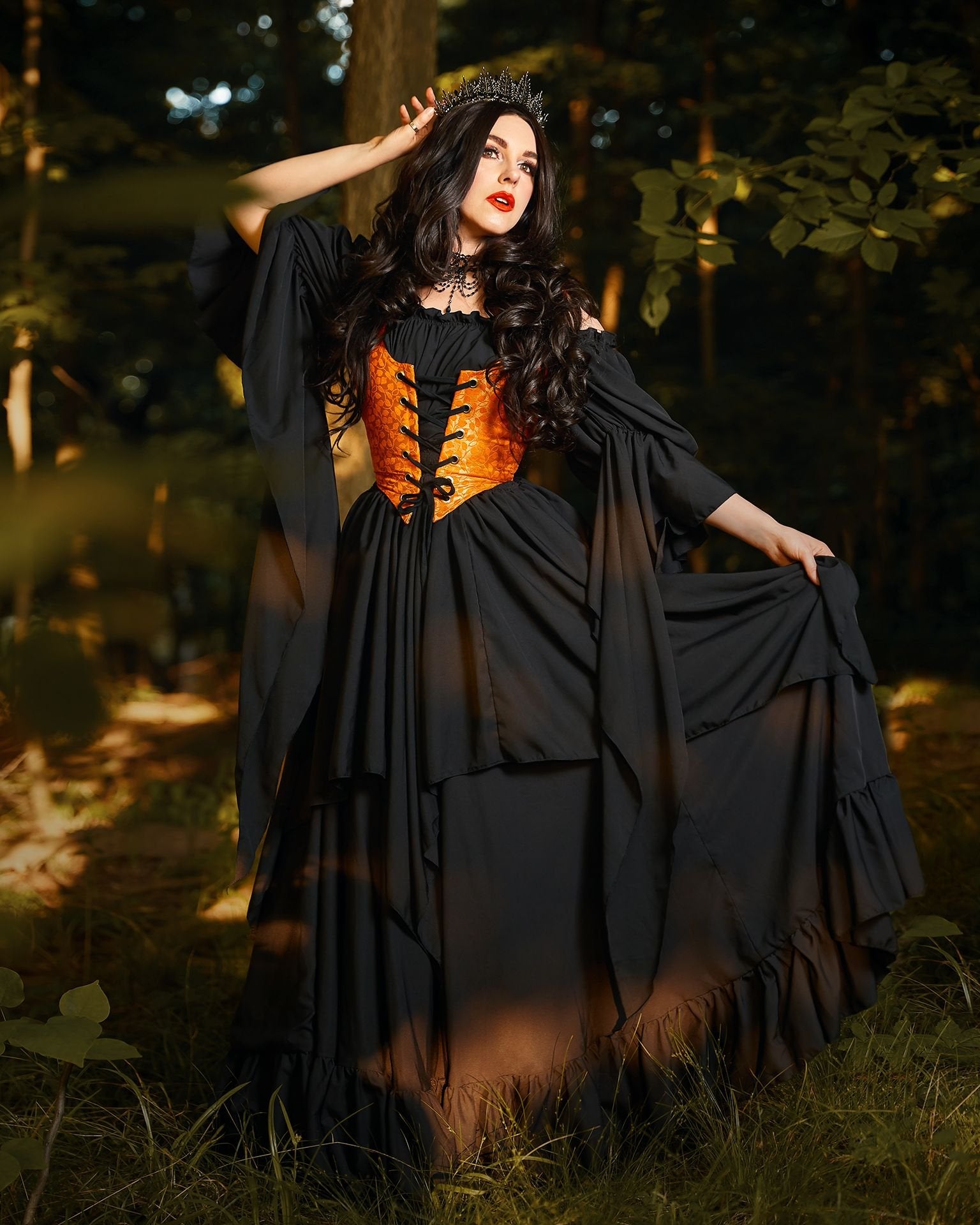 Renaissance women's Costume - Medieval Dress - Sorceress - Fantasy - Brocade Bodice - 3 Piece Witch Cosplay - Reminisce Brand