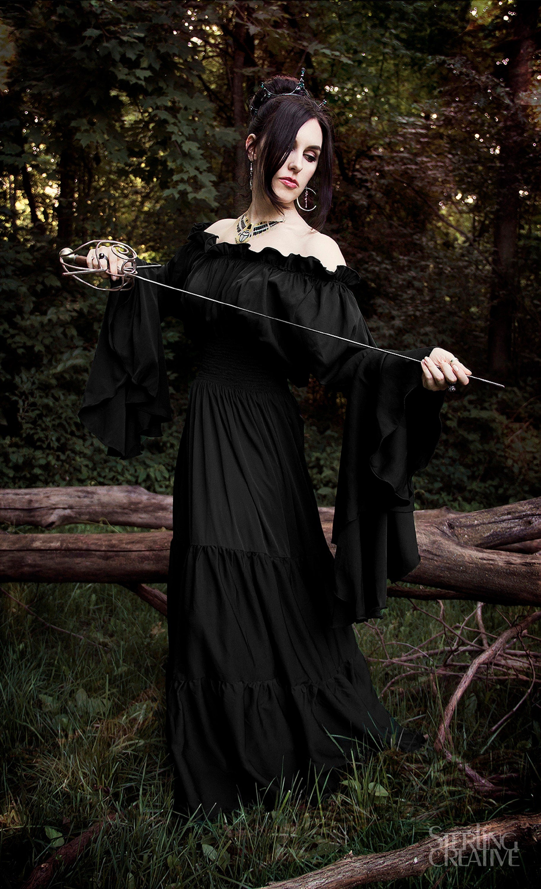 The Witch of the Monongahela ~ Black Renaissance Medieval Smocked Sword Mistress Chemise Dress