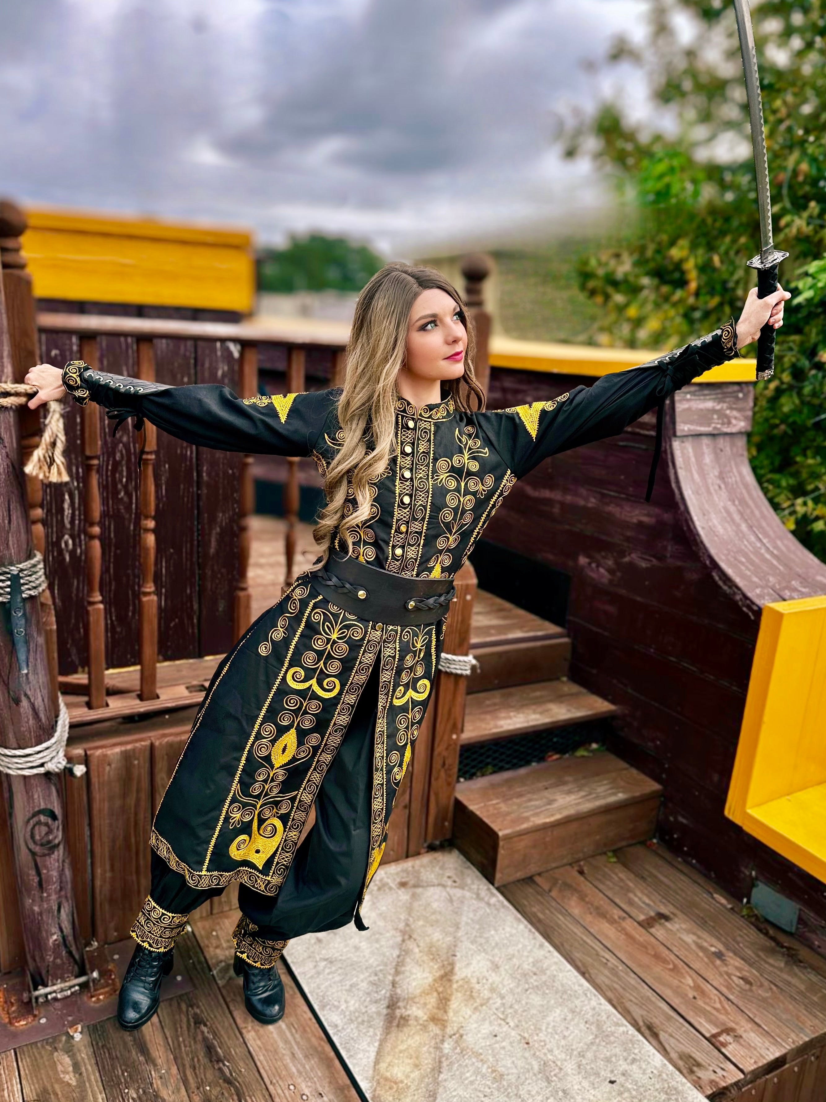 Renaissance Faire 100% Cotton Elizabeth Swann Cosplay Fantasy Pirate Buccaneer Embroidered Costume: Coat and Pantaloons. Reminisce Brand