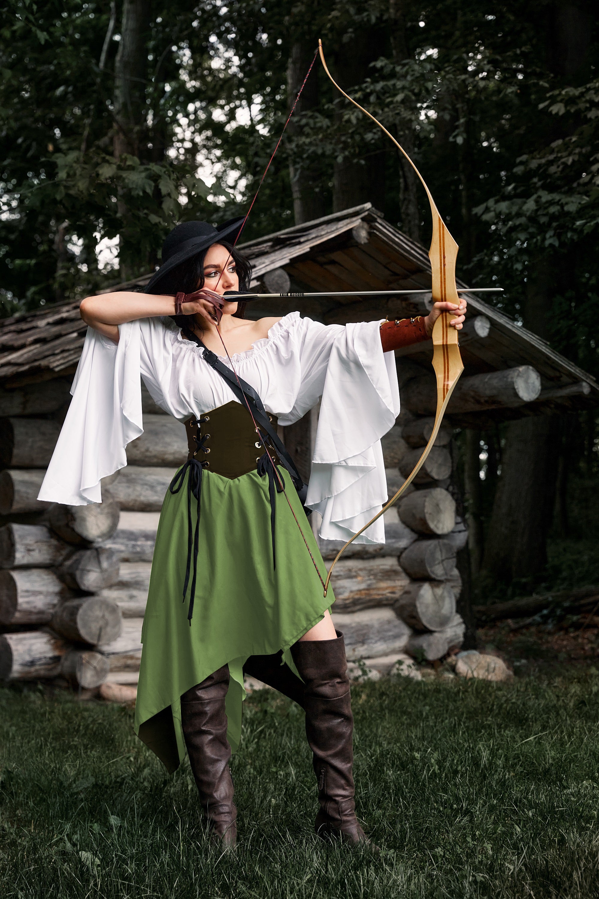 THE HUNTRESS Renaissance Medieval Cosplay Costume 100% Cotton in Sage 4 Pt. Skirt and Brown Cincher