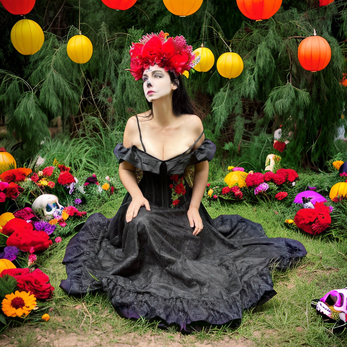 catrina dress La Catrina - Embroidered Roses Stays Corset & Lace Skirt Cosplay Costume Dress. ~ Dia de Los Muertos ~ Day Of The Dead