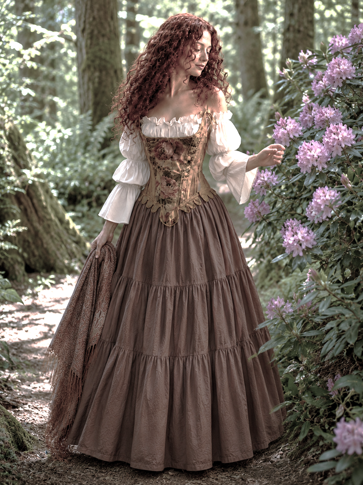 18th Century Tapestry Stays Corset - Renaissance Fair Cotton Dress - Truffle Tiered Skirt