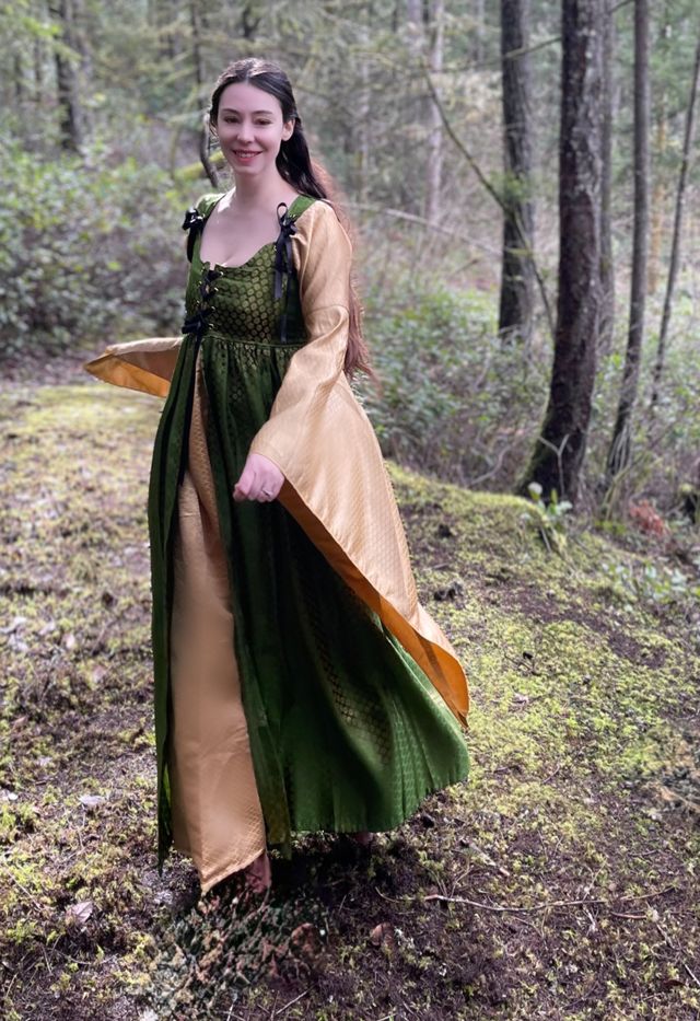 Renaissance Women's Dress Costume Elf Fantasy Elven Cosplay 2-Piece Dress Gown Set Olive/Gold - " The Verona" - Reminisce Brand