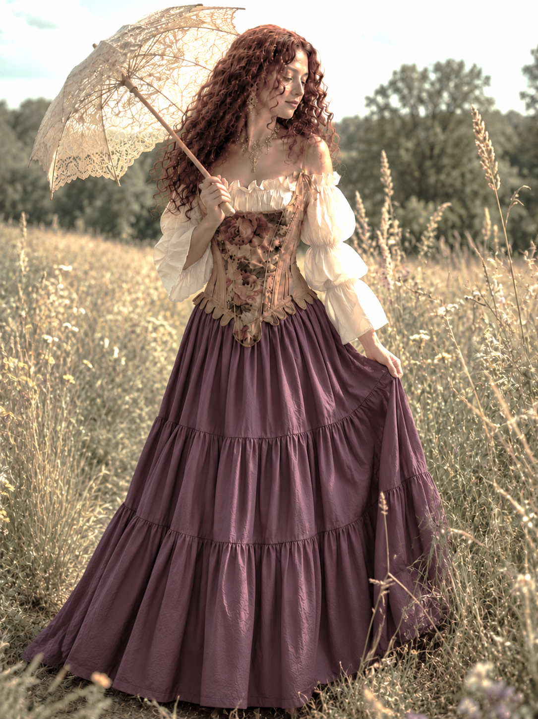 18th Century Tapestry Stays Corset - Renaissance Fair Cotton Dress - Rose Truffle Tiered Skirt
