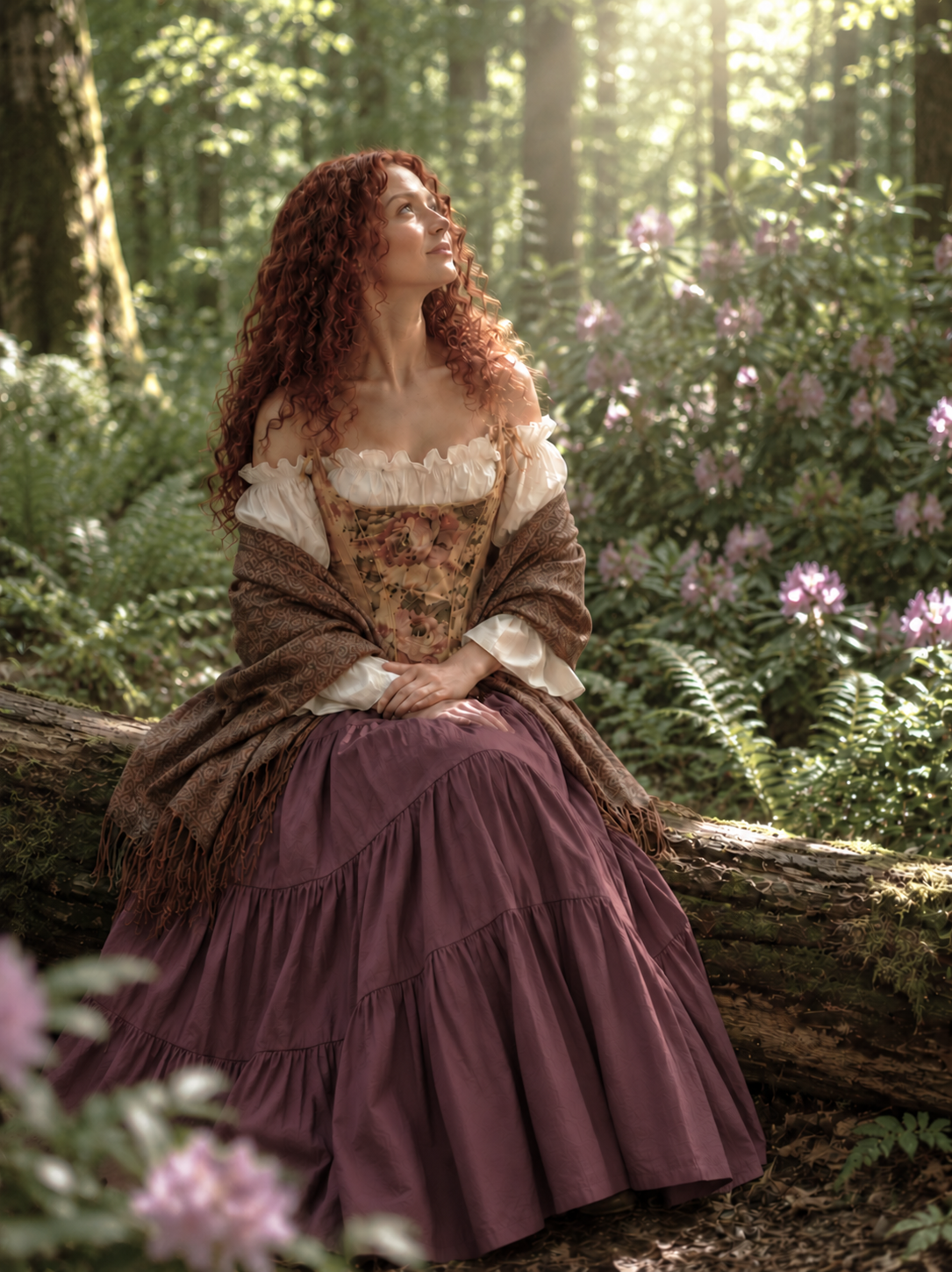 18th Century Tapestry Stays Corset - Renaissance Fair Cotton Dress - Rose Truffle Tiered Skirt