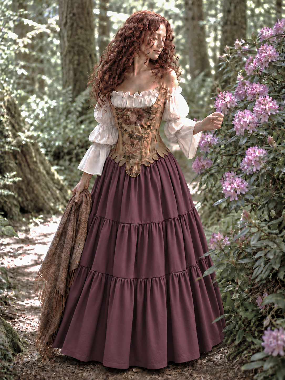 18th Century Tapestry Stays Corset - Renaissance Fair Cotton Dress - Rose Truffle Tiered Skirt