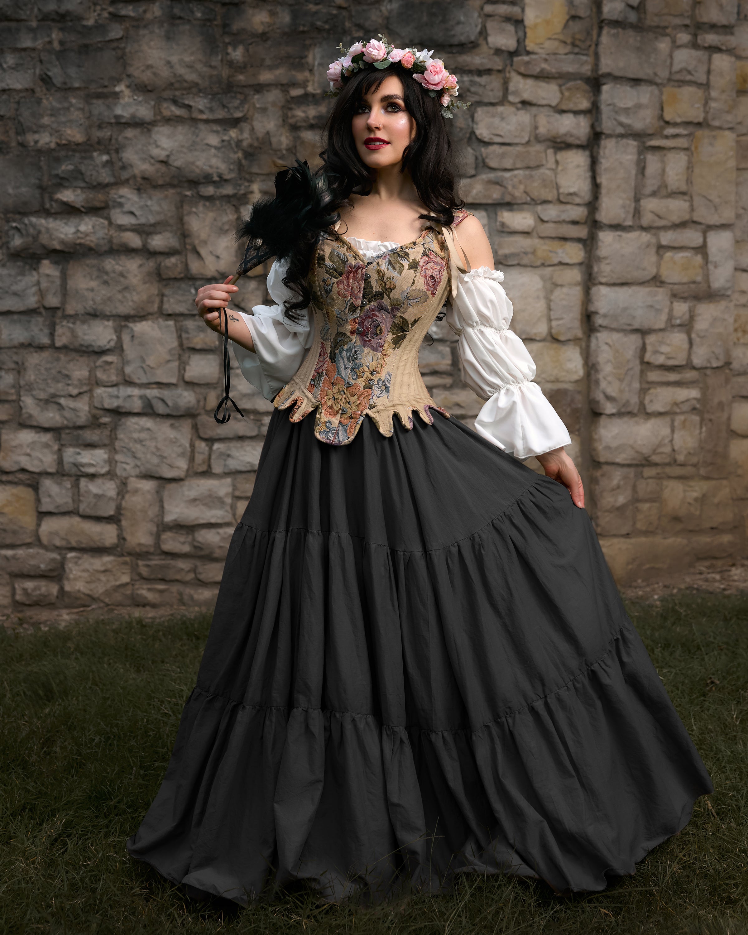 Women Renaissance Cottage Core Corset Stays & Cotton Dress Black- Ren Faire Costume - Medieval Fantasy Cosplay