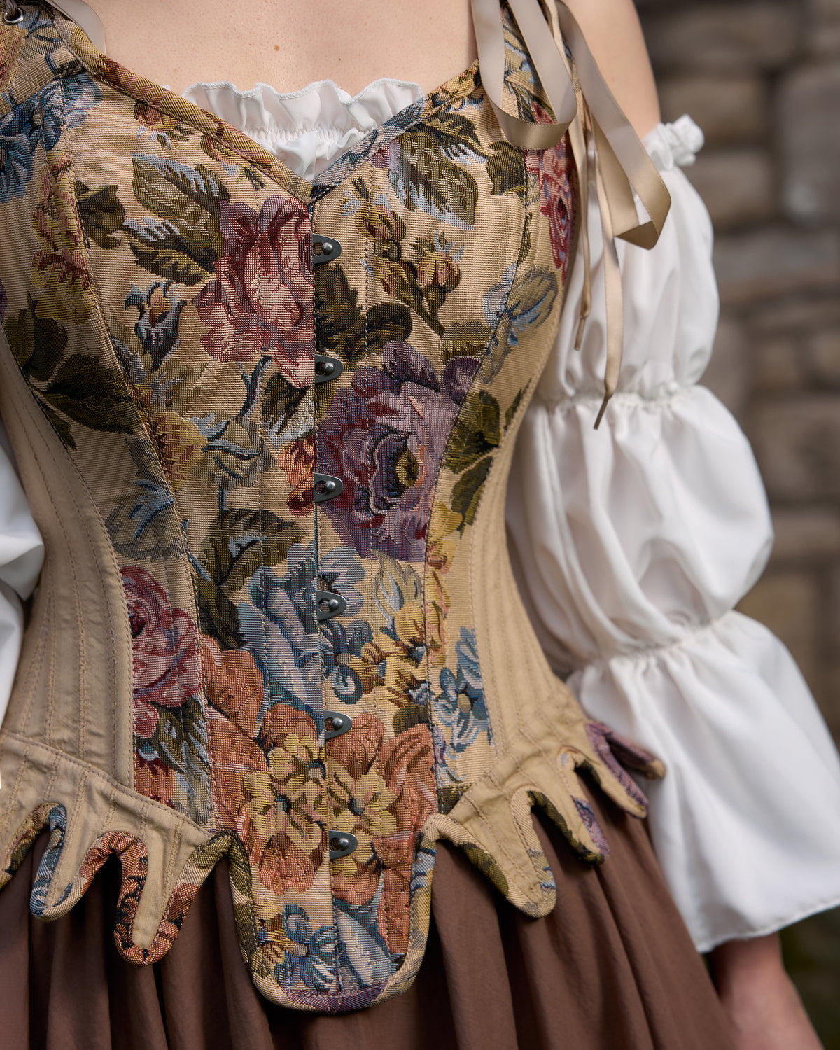 Women Renaissance Cottage Core Corset Stays & Cotton Dress - Ren Faire