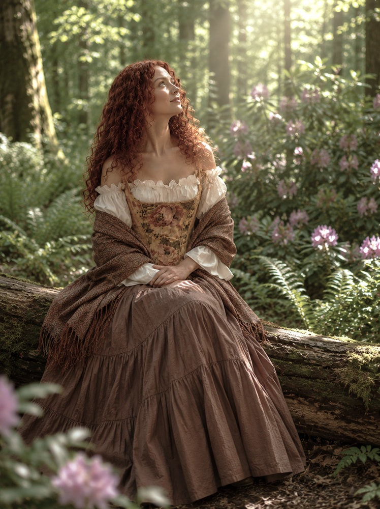18th Century Tapestry Stays Corset - Renaissance Fair Cotton Dress - Truffle Tiered Skirt