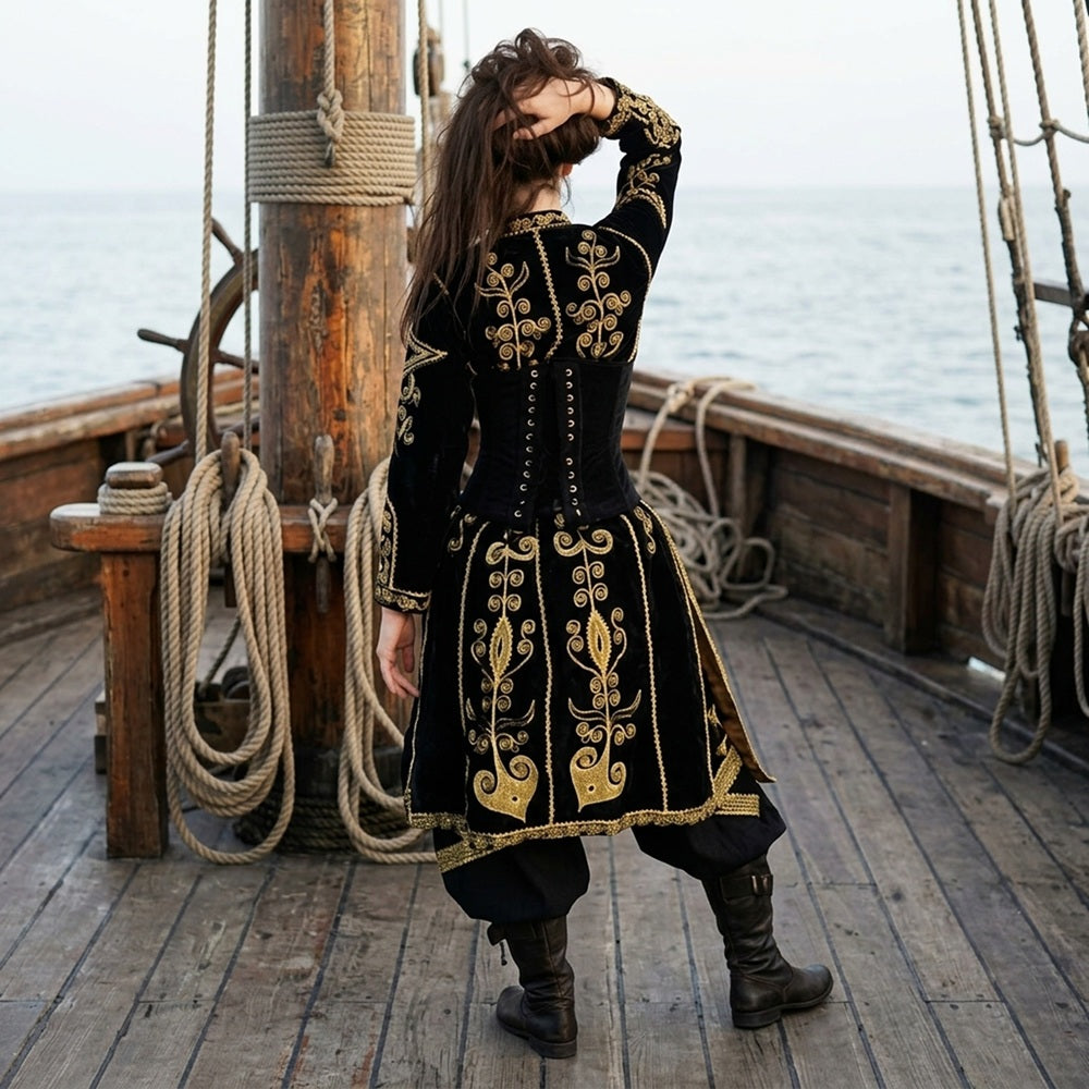Renaissance Faire 100% Cotton Elizabeth Swann Cosplay Fantasy Pirate Buccaneer Embroidered Costume: Coat and Pantaloons. Reminisce Brand