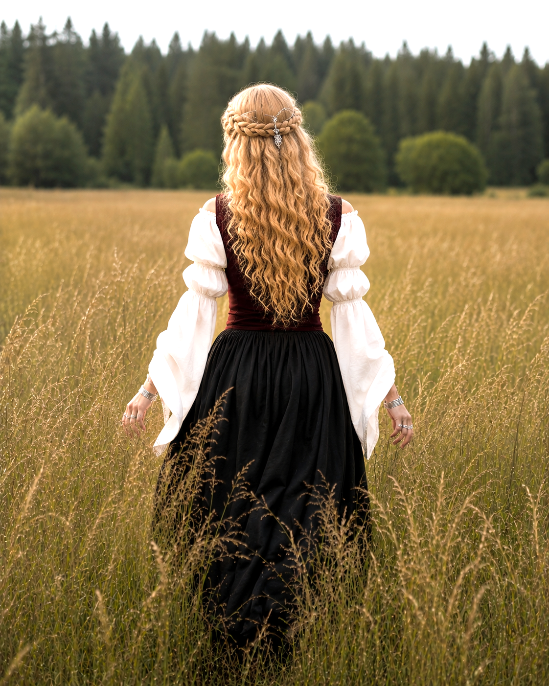 Renaissance Peasant Costume - Tiered Skirt - off-shoulder flowing sleeves Blouse - Lace Up Bodice