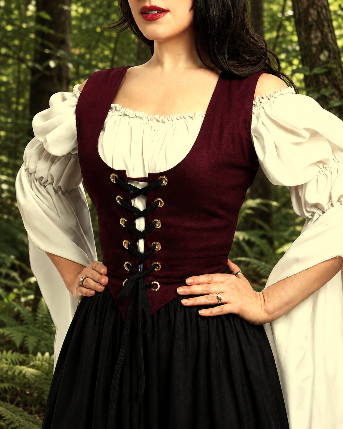 Renaissance Peasant Costume - Tiered Skirt - off-shoulder flowing sleeves Blouse - Lace Up Bodice