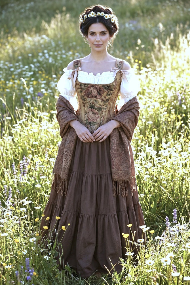18th Century Tapestry Stays Corset - Renaissance Fair Cotton Dress - Truffle Tiered Skirt