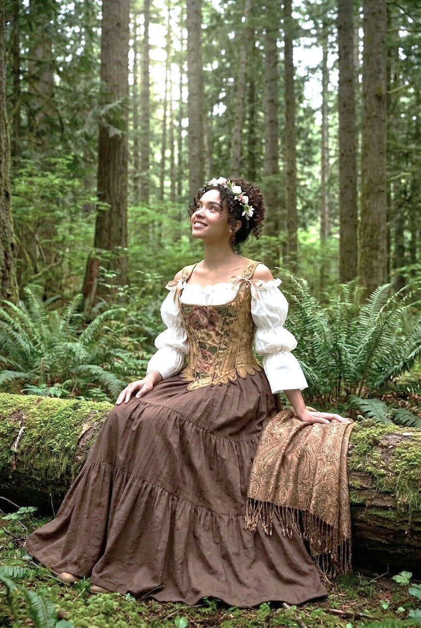 18th Century Tapestry Stays Corset - Renaissance Fair Cotton Dress - Truffle Tiered Skirt