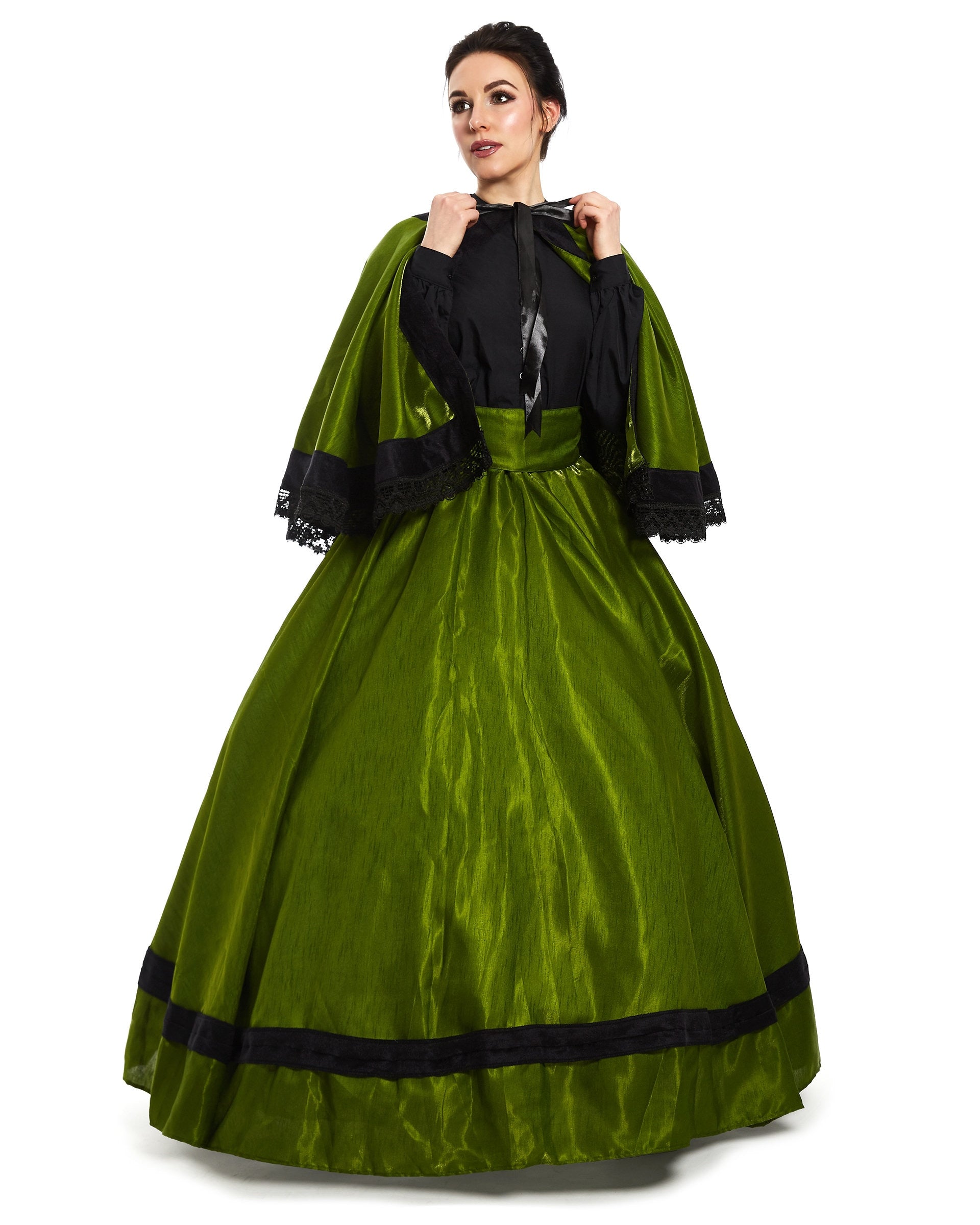 Civil War - Historical Reenactment - Dickens - Victorian Women Costume - Fantasy Cosplay Organza Skirt Cape & Sash - Reminisce Brand