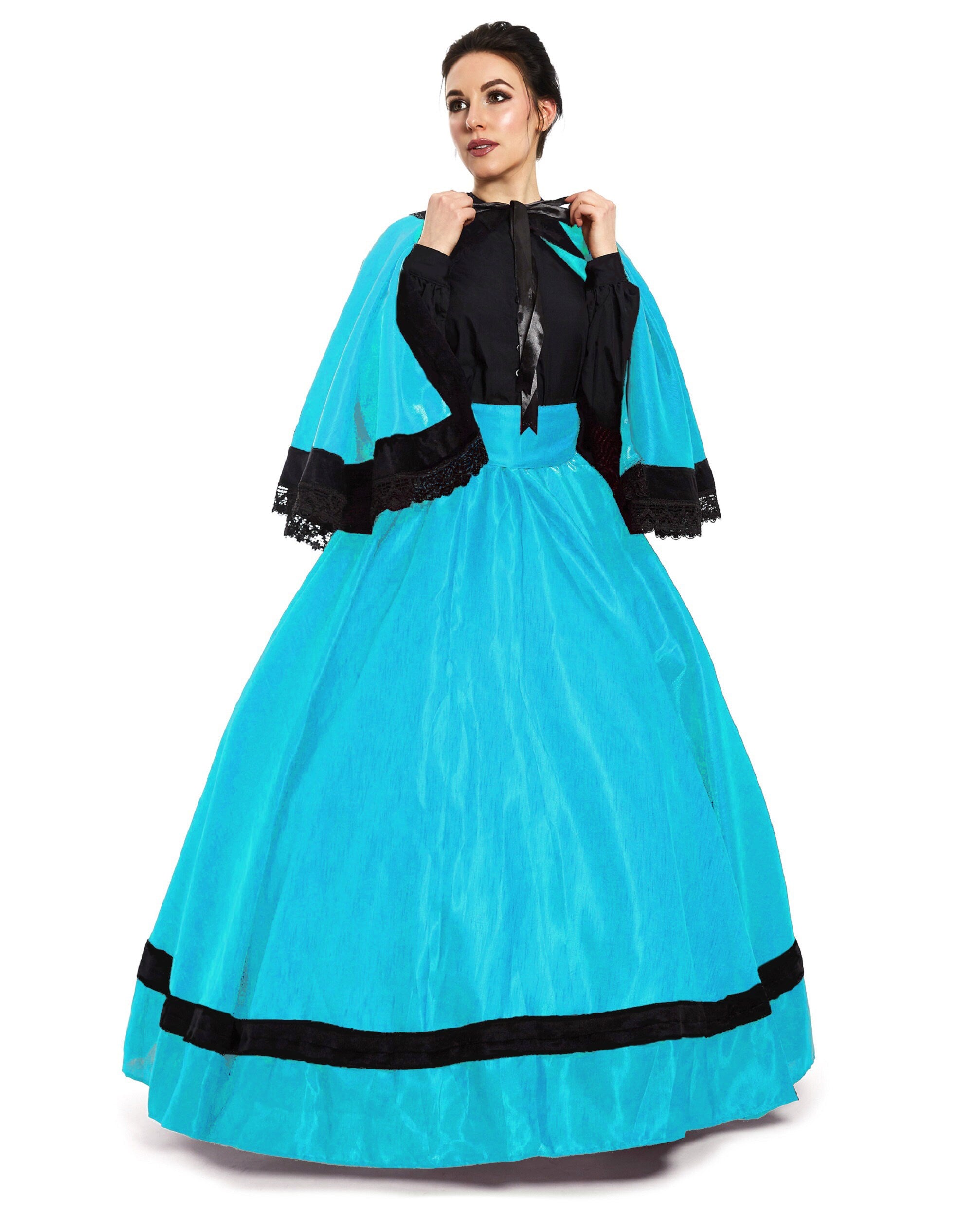 Civil War - Historical Reenactment - Dickens - Victorian Women Costume - Fantasy Cosplay Organza Skirt Cape & Sash - Reminisce Brand