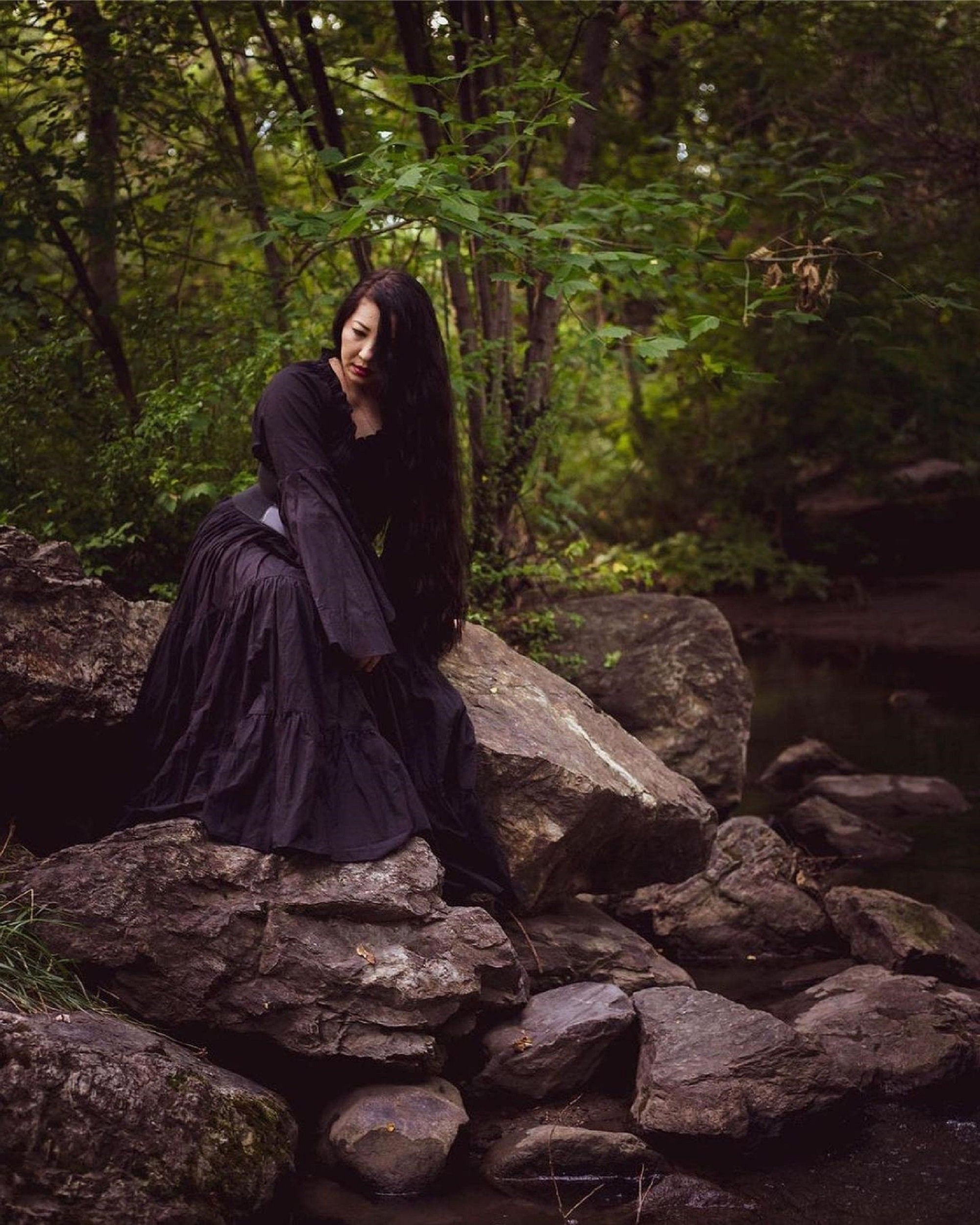 The Witch of the Monongahela ~  Black Renaissance Medieval Smocked Sword Mistress Chemise Dress