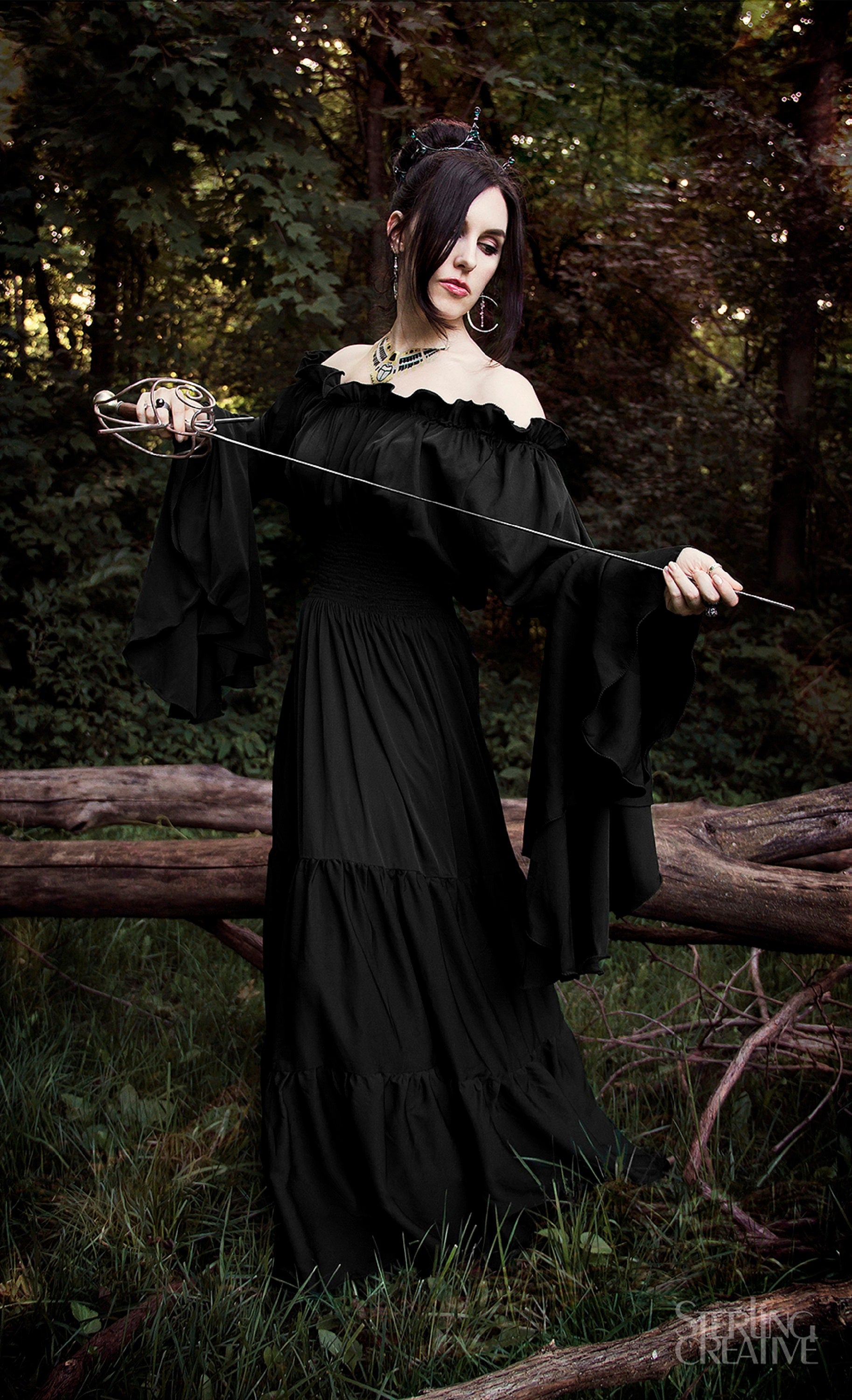 The Witch of the Monongahela ~  Black Renaissance Medieval Smocked Sword Mistress Chemise Dress
