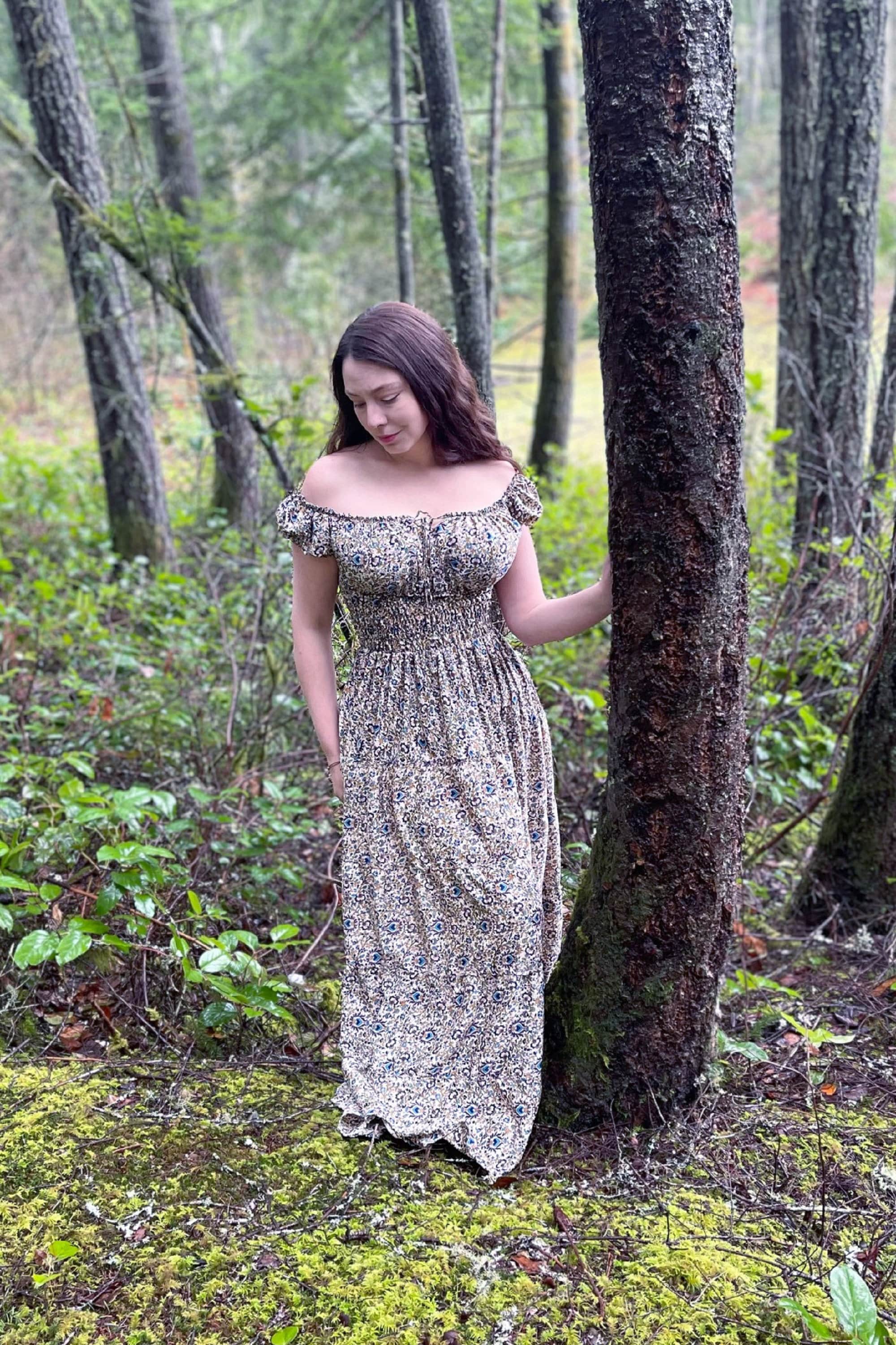 Reminisce Limited Edition Peacock Print Bohemian Dress Renaissance Peasant Gown Cottagecore